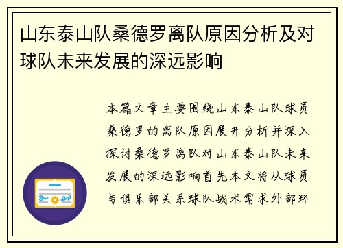 山东泰山队桑德罗离队原因分析及对球队未来发展的深远影响