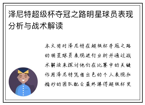 泽尼特超级杯夺冠之路明星球员表现分析与战术解读 泽尼特超级杯夺冠之路明星球员表现分析与战术解读